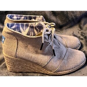 TOMS Desert‎ Wedge Oatmeal Linen Canvas Espadrille Lace Up Booties W8.5 301212